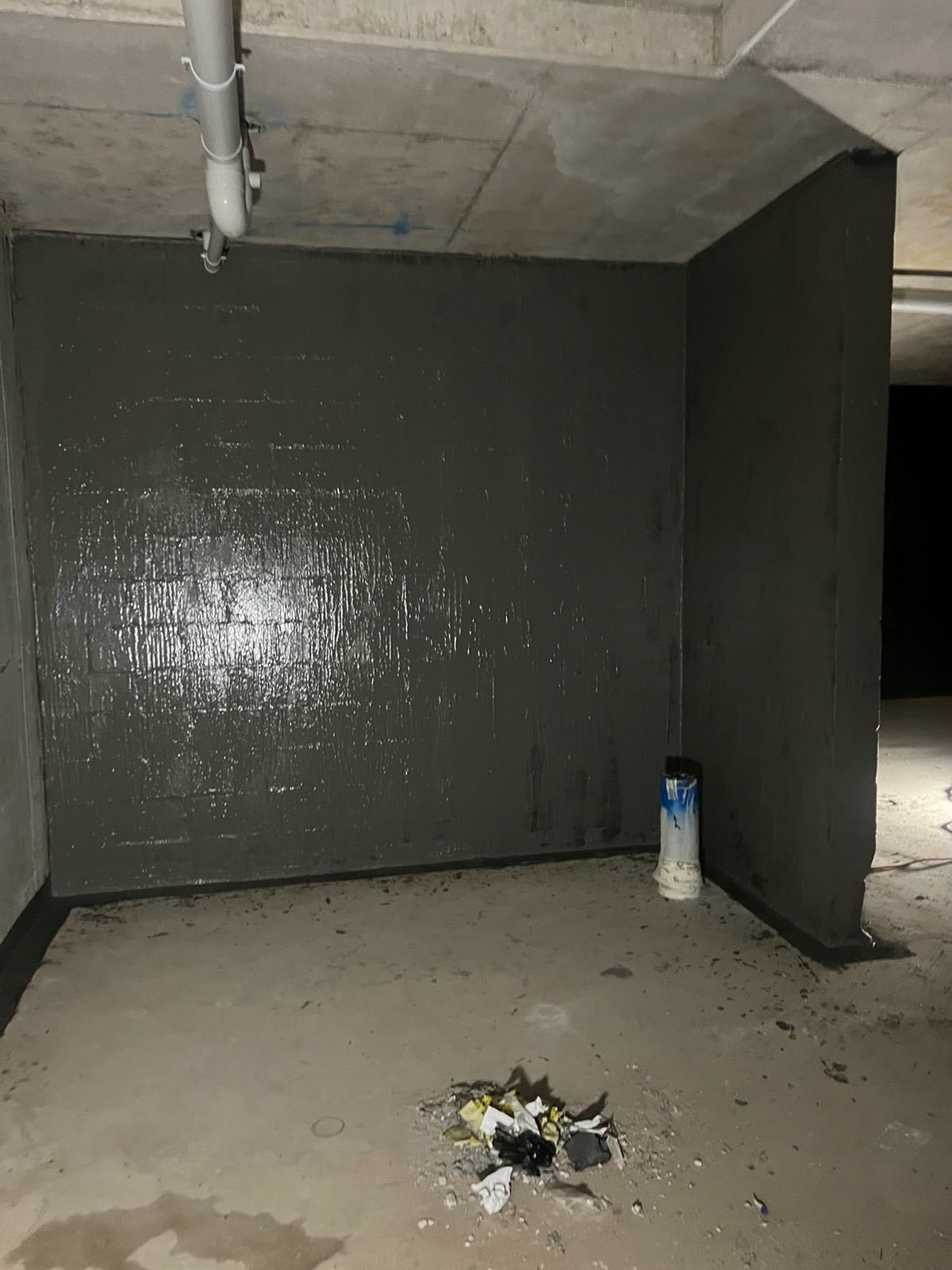 Basement car park wall waterproofing membrane applied to concrete block walls