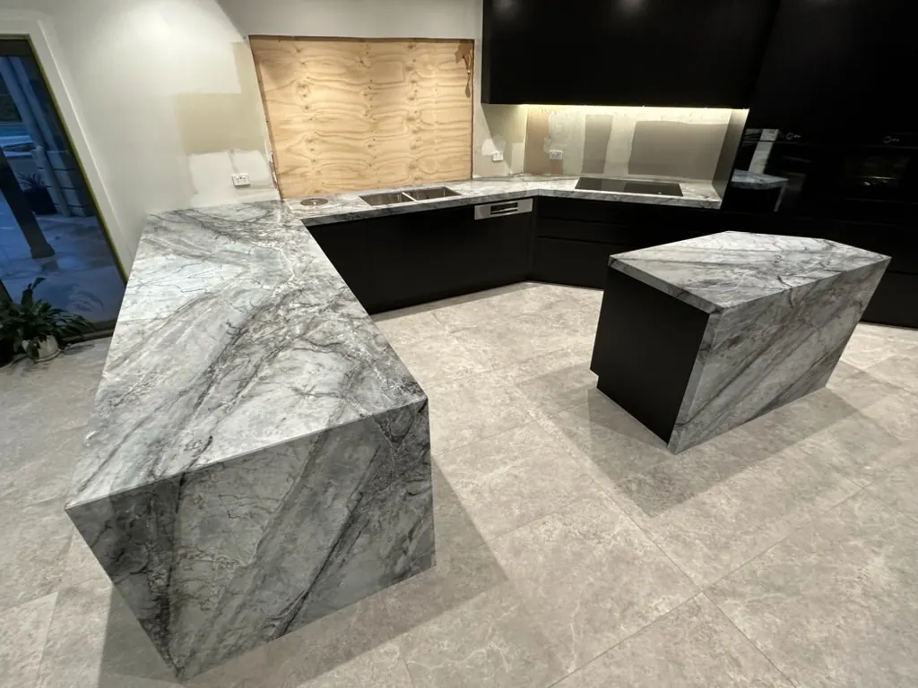 Celeste Dolomite stone kitchen bench tops and island installed by TN Stone Melbourne