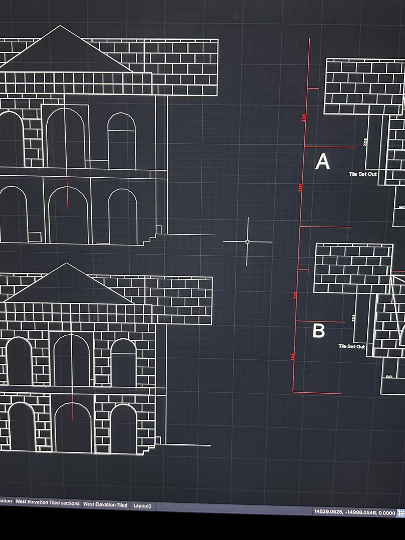 CAD elevation drawing showing sandstone panel set-out for the Brighton residence