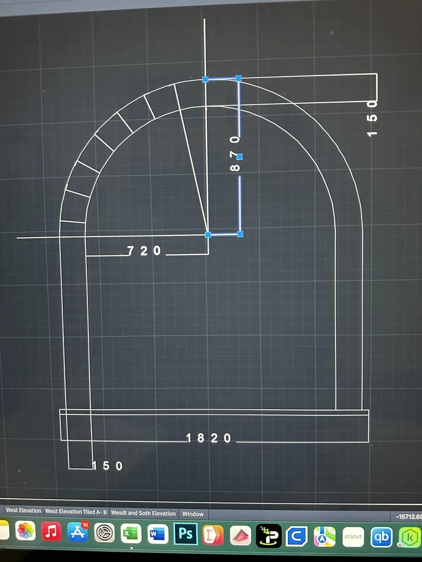 CAD dimensioning detail for an arched sandstone opening