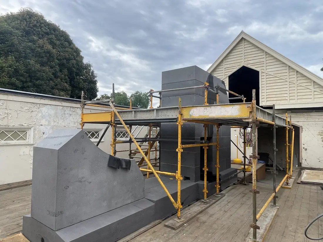 Bluestone restoration works in progress at the Great Melbourne Telescope building, Royal Botanic Gardens Victoria