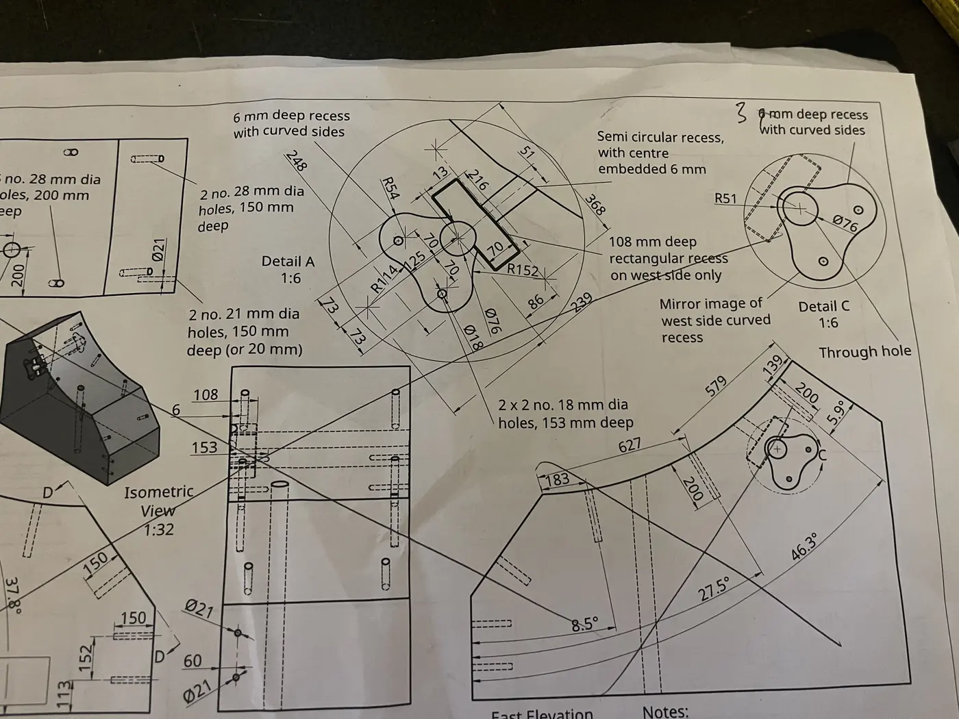 Engineering set-out drawing detailing bluestone pier recess, hole and fixing dimensions for the Great Melbourne Telescope restoration