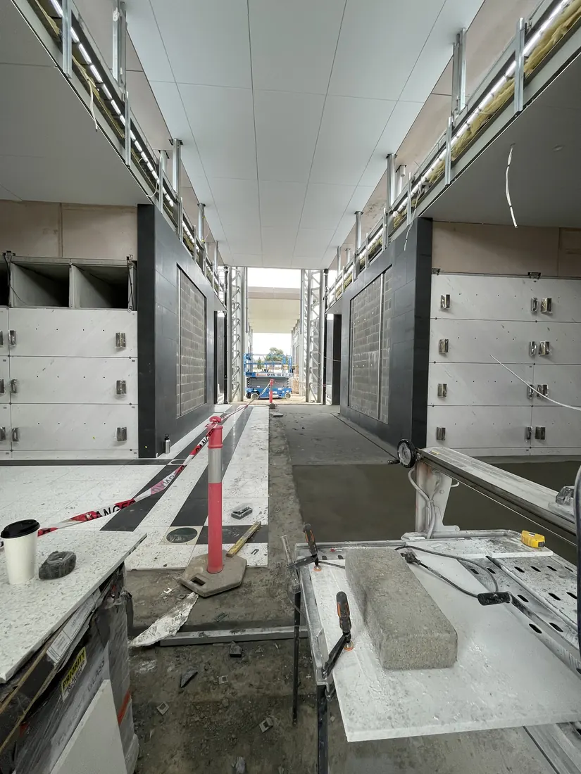 Natural stone wall panel installation detail for All Souls Mausoleum