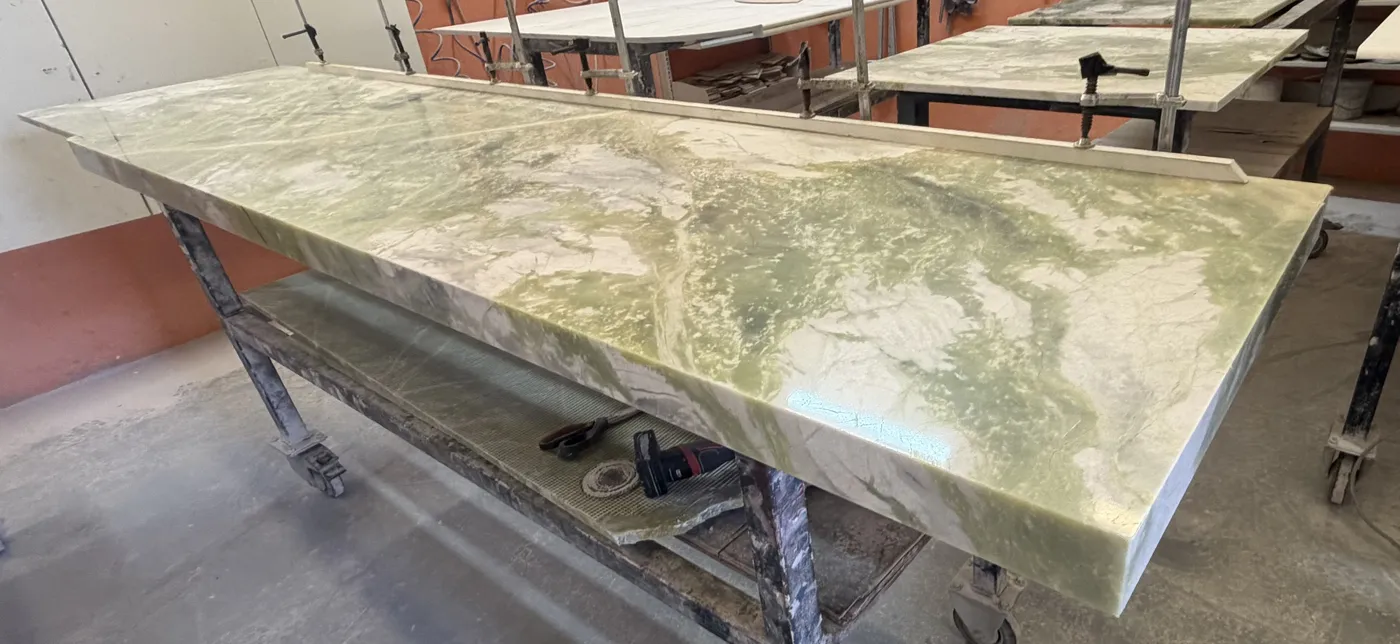 Stone benchtop workshop preparation with polishing tools
