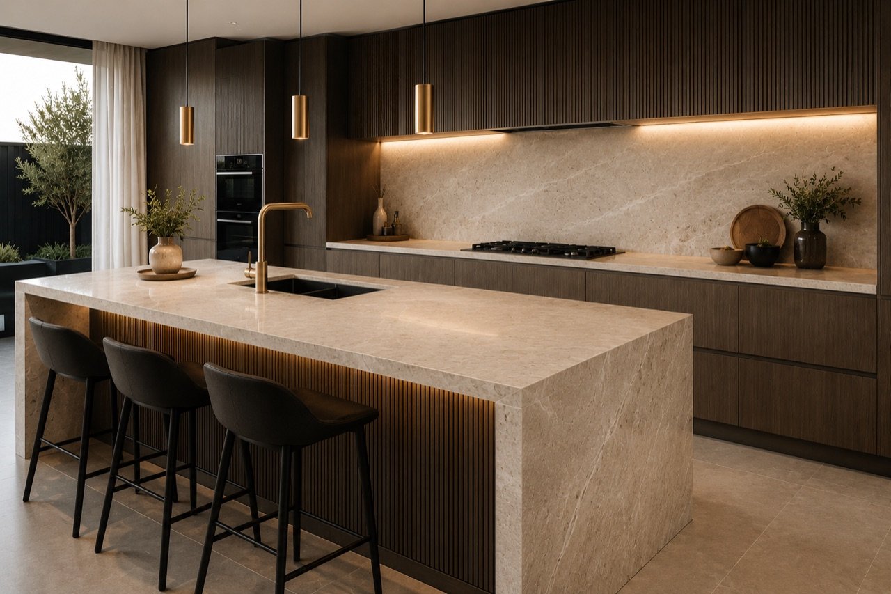 Stone benchtop installation ready for sealing