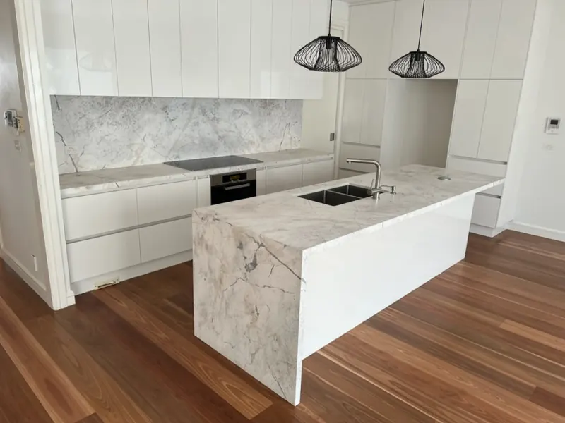 Super White Dolomite kitchen island bench top fabricated and installed by TN Stone Melbourne