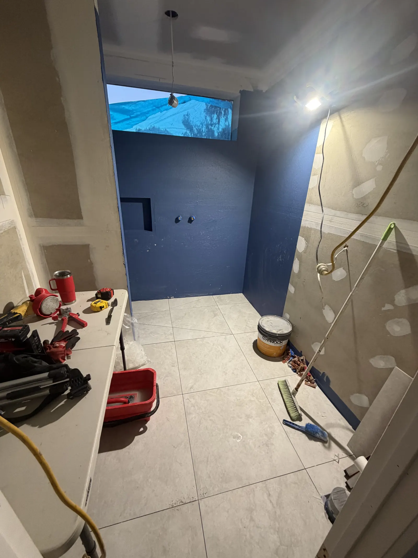 Wide shot of completed Mitcham bathroom porcelain tiling project