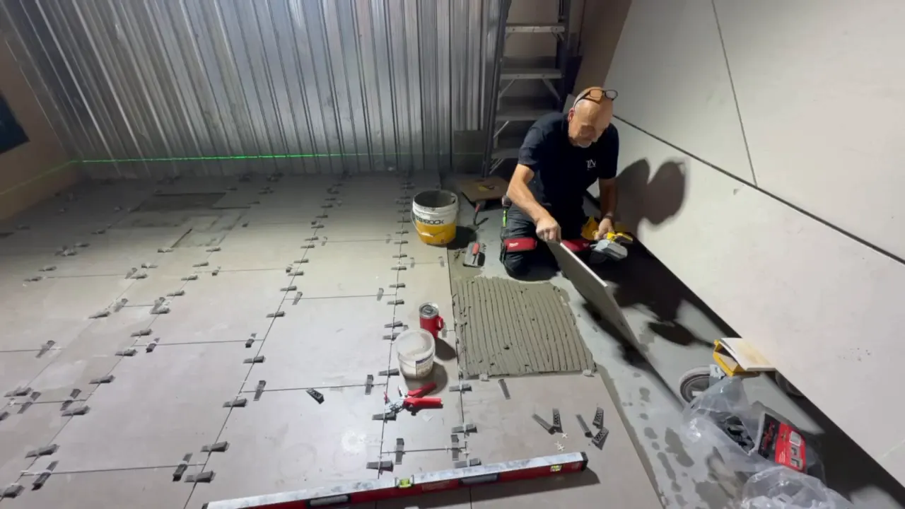 Large-format porcelain tiling in progress at Scicluna's Tooronga extension